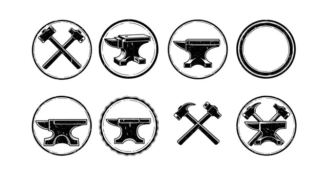 Set of circular blacksmith emblems featuring anvil and hammer icons for vintage workshop signage and industrial design projects.