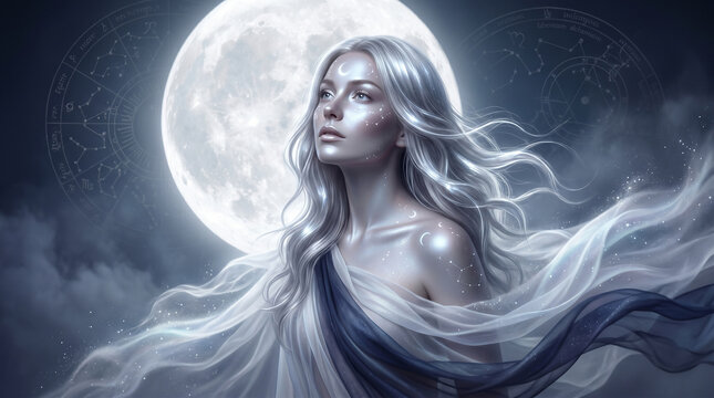 Ethereal Moon Goddess with Silver Hair and Crescent Symbol Before Full Moon and Zodiac Wheel, Mystical Fantasy Portrait