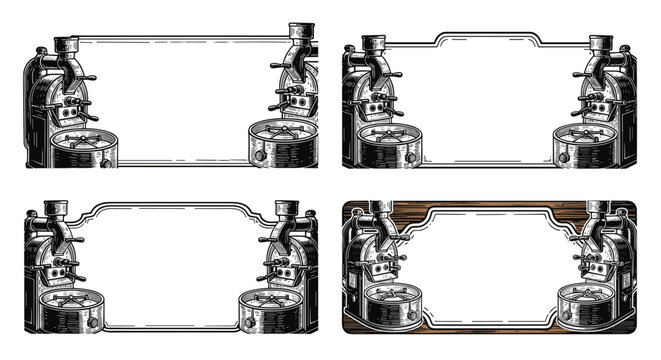 Monochromatic ink style coffee roaster illustration frames with ornate decorative borders and varied layouts for professional product packaging and artisanal cafe coffee labels.