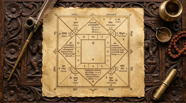 Ancient Indian Vedic Birth Chart on Aged Parchment with Sanskrit Text Rudraksha Beads and Brass Ritual Objects on Carved Wood