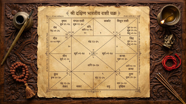 Ancient Indian Vedic Birth Chart on Aged Parchment with Sanskrit Text Rudraksha Beads and Brass Ritual Objects on Carved Wood
