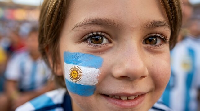 Child with argentina flag painted on face smiling