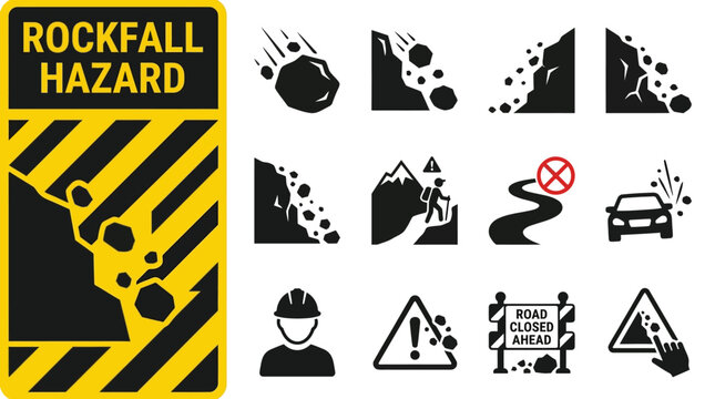 Collection of vector illustrations depicting rockfall hazards and warning signs for safety and alert purposes