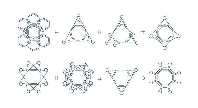 Chemical transmutation equations illustrating molecular structure transformations through geometric bond changes for advanced chemistry analysis and scientific modeling.