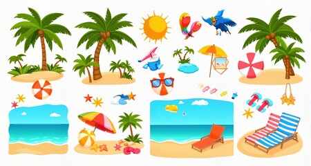 Obraz premium Summer tropical beach elements collection. Flat vector cartoon design 