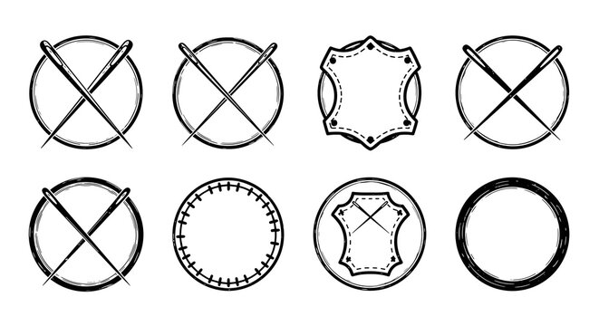 Eight circular leatherworking logos featuring crossed needles, stitching patterns, and hide shapes for artisan craft branding and professional workshop identification.