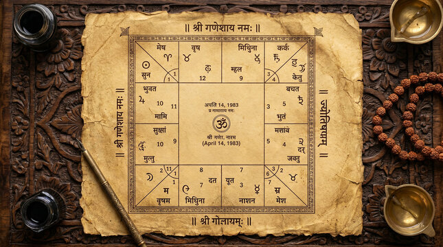 Ancient Indian Vedic Birth Chart on Aged Parchment with Sanskrit Text Rudraksha Beads and Brass Ritual Objects on Carved Wood