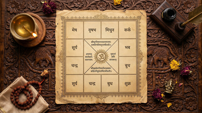 Ancient Indian Vedic Birth Chart on Aged Parchment with Sanskrit Text Rudraksha Beads and Brass Ritual Objects on Carved Wood