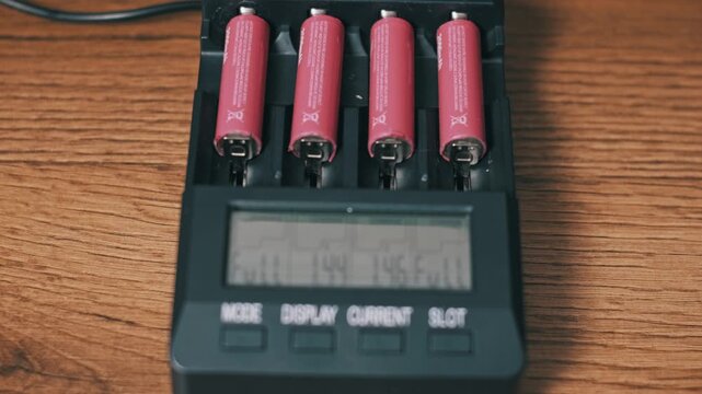 Top-down view of pink AA batteries charging in a black device with an LCD screen. The camera tilts up, revealing more of the accumulator cells and wooden texture.