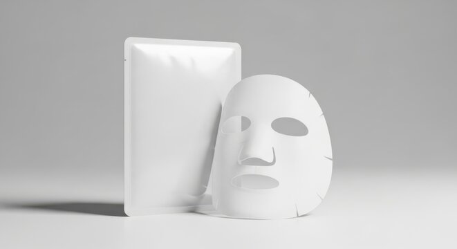 Blank white facial sheet mask and sachet packaging isolated on white background