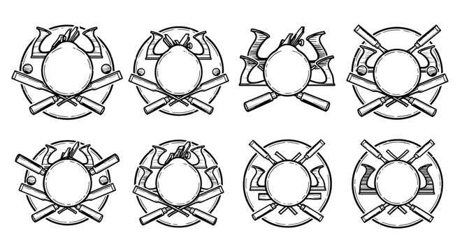 Woodworking trade badges displaying crossed hand planes and chisels with vintage carpentry tool motifs for workshop branding or craft industry logos.