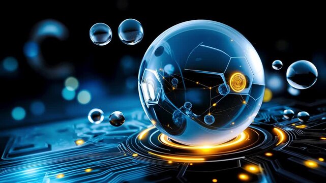 Futuristic glowing sphere with digital network on abstract blue electronic circuit board background