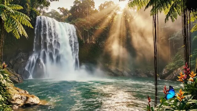 Serene triple view of tropical waterfall with turquoise river and sunny rainforest, featuring a blue butterfly on exotic flowers.
