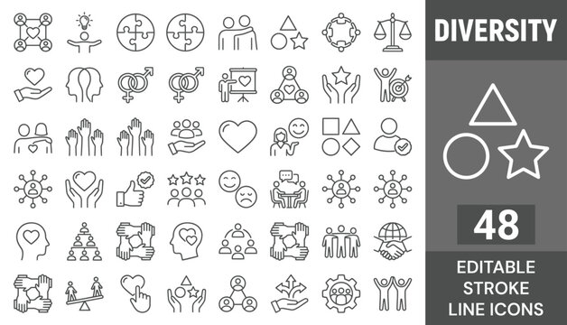 Diversity web icons in line style. Unity, friendship, social, community, collection. Vector illustration.