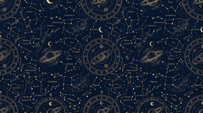 Seamless Dark Navy Blue and Gold Celestial Pattern with Planets Constellations and Zodiac Signs, Luxury Astrology Textile Design