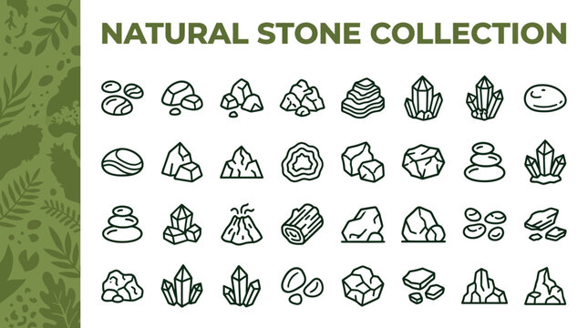 Collection of various natural stones, crystals, and geological formations for design and educational purposes