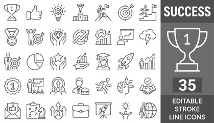 Success web icons in line style. Handshake, growth profit, innovation, increase sale, coaching, progress, strategy, achievment, collection. Editable stroke. Vector illustration. © Kingko
