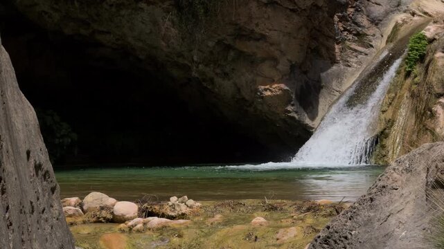 Slow Motion Waterfall Falling Into Turquoise Cave Pool