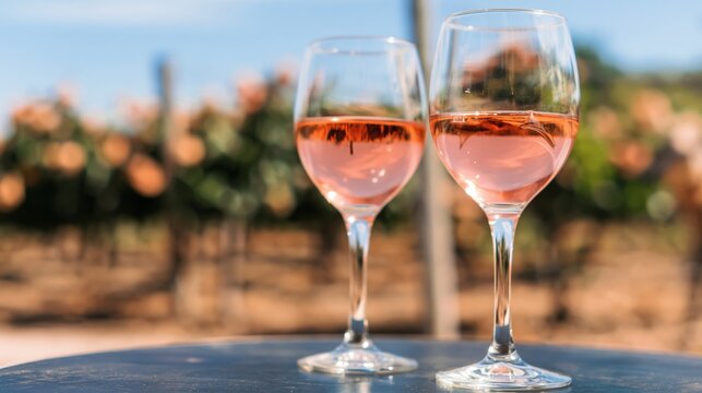 Two glasses of chilled rose wine on an outdoor table with a vineyard and rose bushes in the background on a sunny day