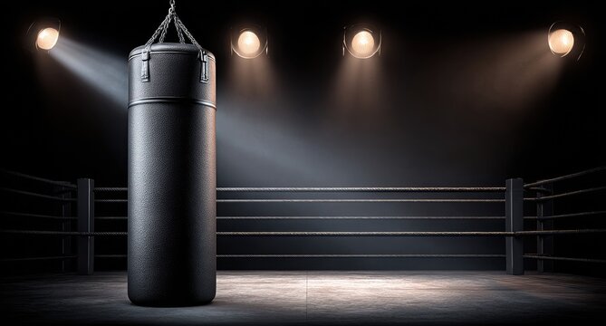 Black boxing punching bag in a dark ring