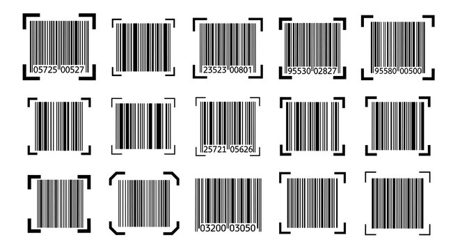 Minimalist barcodes framed by simple square brackets for scanning and data tracking applications in industrial or retail environments and digital interfaces.