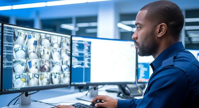 African american security guard monitoring surveillance cameras on computer screen. Professional worker watching CCTV security feed in control room. Safety and digital technology concept.