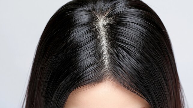 Close-up of healthy dark hair parting with scalp visible, showcasing hair growth and texture