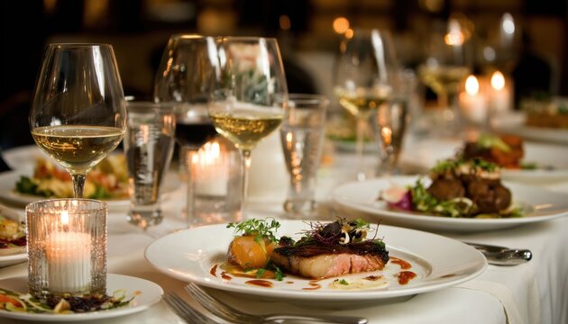 Formal dinner setting with gourmet fish dishes, white wine glasses, and burning candles on a table at a restaurant banquet