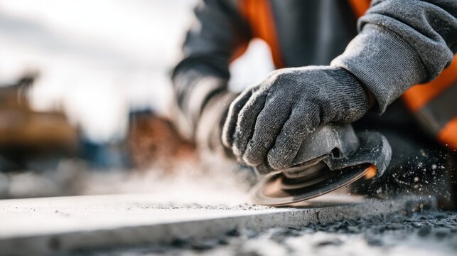 Worker using an angle grinder to cut and polish concrete slab at a construction site, close-up on gloved hands and tool