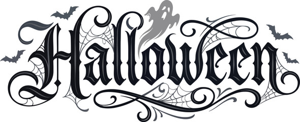 Obraz premium Vintage Gothic Halloween Typography Banner with Spider Webs and Bats