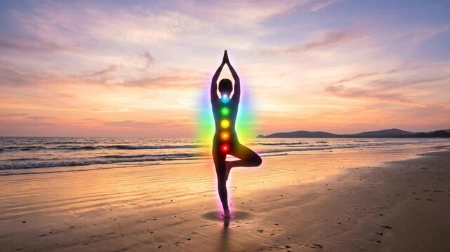 Silhouette of a woman practicing yoga in tree pose on the beach at sunset with colorful glowing chakra points, spiritual wellness concept, meditation practice, zen harmony, inner peace.