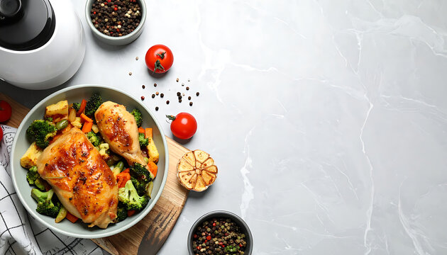 Roasted chicken with broccoli and carrots in a bowl, healthy meal prep, nutrition