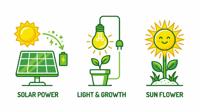 Set of green eco friendly icons representing solar power light growth and sunflower concepts.