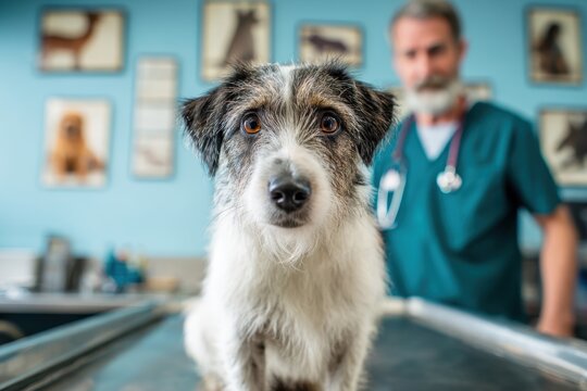 Scruffy terrier mix dog sitting on an examination table in a veterinary clinic with a male veterinarian blurred in the