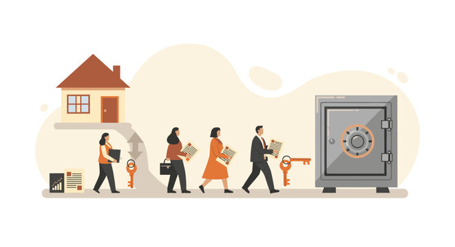 Business team carries documents from house to bank vault with keys to symbolize mortgage or property asset transfer in professional financial office setting.