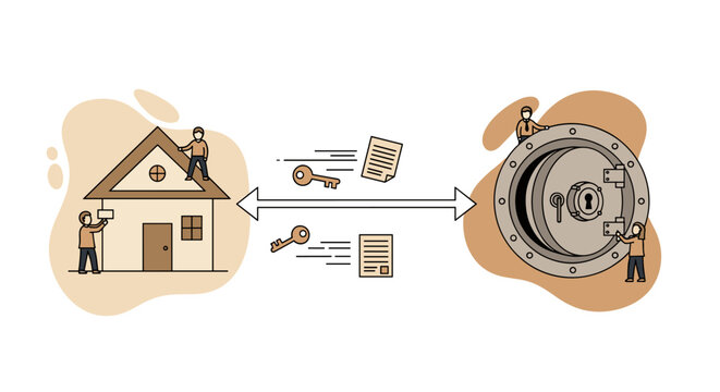 Workers manage property transfer by moving legal documents and keys between a house illustration and a secure bank vault in a conceptual diagram for mortgage security.