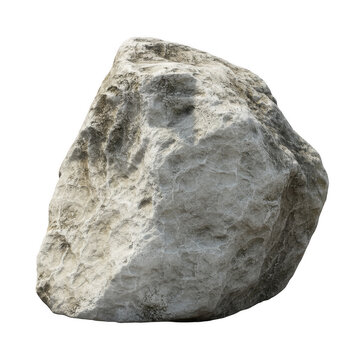 Large irregular grey stone boulder with rough textured surface and natural mineral deposits, isolated on a white background, for garden decor