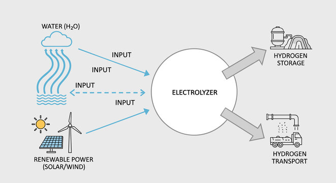 Green hydrogen economy ecosystem diagram illustrating the electrolysis process with renewable power inputs and hydrogen storage transport outputs for energy industry.