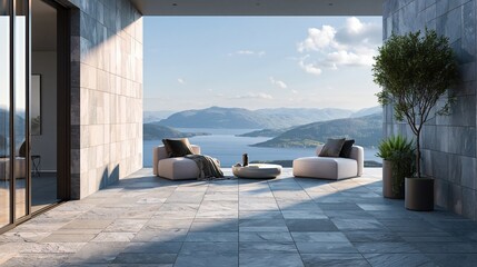Obraz premium Modern Terrace with Seating Area Overlooking Serene Lake and Mountain Landscape