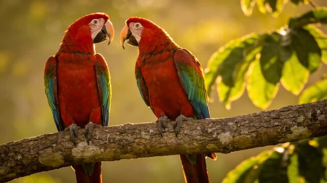 red macaw parrot on branch at golden hour in costa rica rainforest video