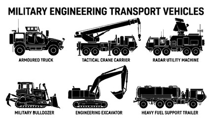 Obraz premium Set of Military Engineering and Transport Vehicles Silhouettes.