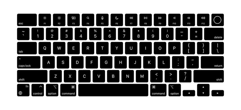 Modern laptop computer keyboard layout with black keys QWERTY full set PNG on transparent background vector template