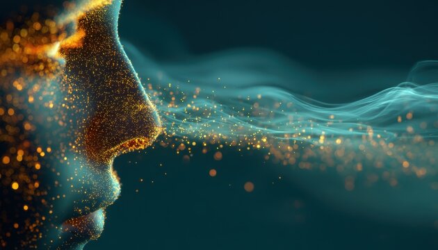 Human profile in side view with glowing golden particles and teal smoke representing the sense of smell, aroma, or breathing