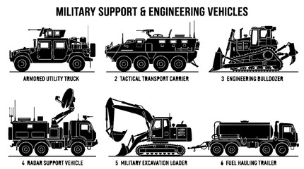 Obraz premium Set of Military Support and Engineering Vehicles Silhouettes.