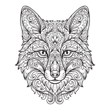 Ornamental Fox Head Coloring Page Vector Line Art