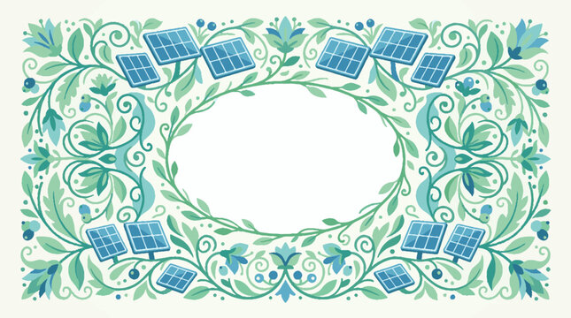 Watercolor decorative frame with green leaves and solar panels representing renewable energy and sustainability.