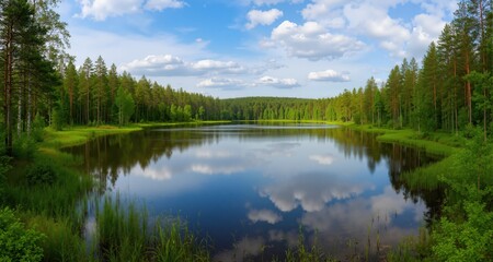 Obraz premium Panoramic view of beautiful forest lake in Russia. 