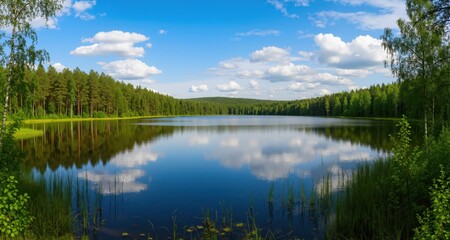 Fototapeta premium Panoramic view of beautiful forest lake in Russia. 