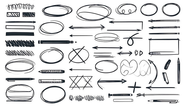 Set of hand drawn circles arrows and scribbles, doodle markups for annotation and text highlighting, sketchy line elements for bullet points