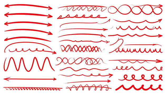 Set of hand drawn red arrows and squiggly lines for annotation, marker sketches for emphasis and pointing